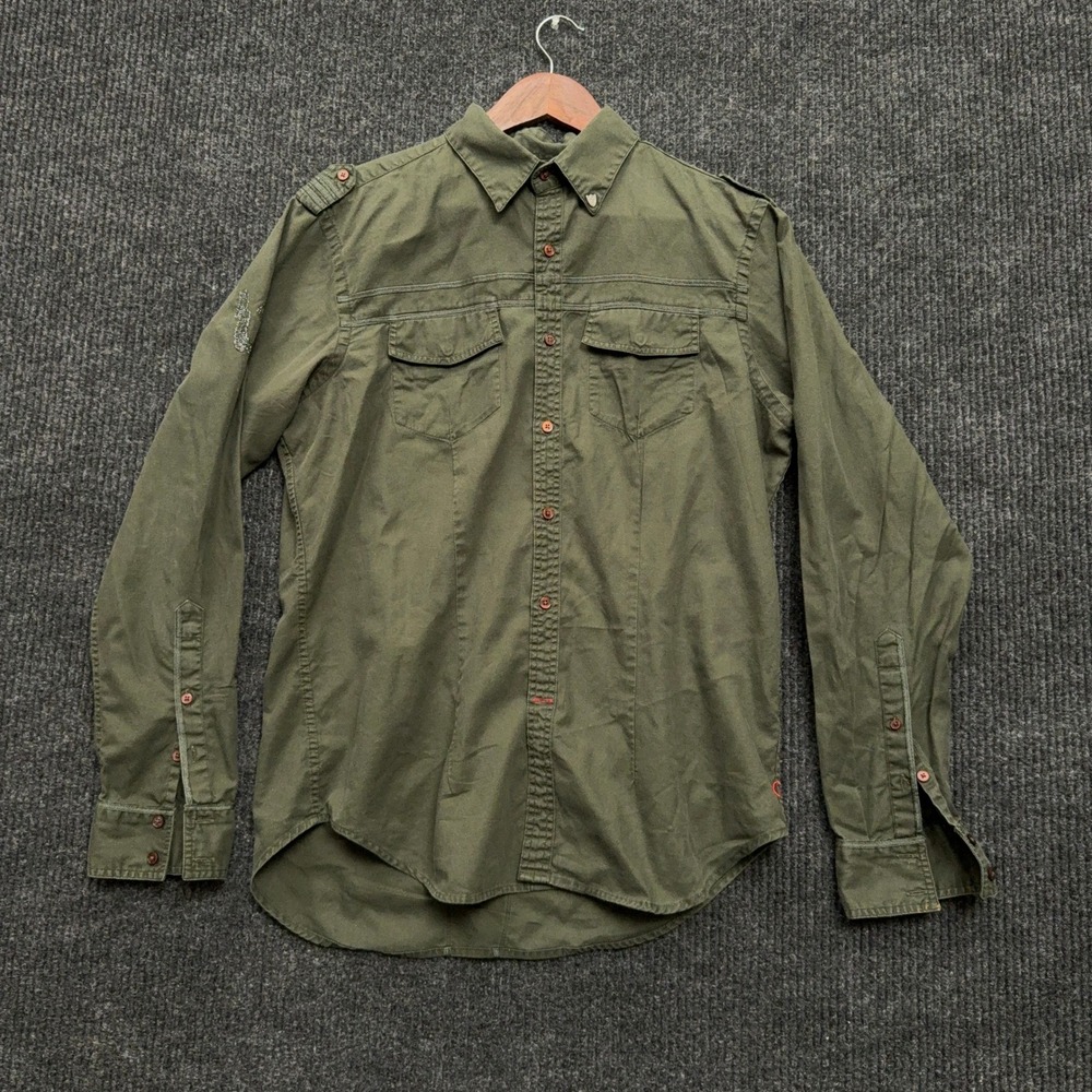 GUESS Military Shirt Men's M Olive Green 100% Cotton Long Sleeve Epaulet